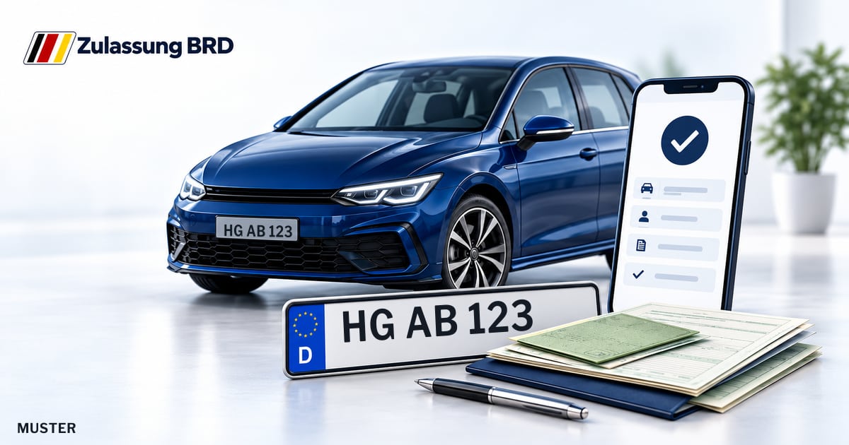 Online Fahrzeugzulassung in Königstein im Taunus: Musterkennzeichen HG AB 123, Auto und Fahrzeugpapiere und Smartphone. Illustration mit Logo von Zulassung BRD.